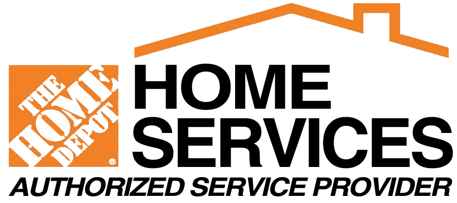 HomeDepot-Home-Services-Cut-Out The Home Depot logo with the text "Home Services: Windows, Siding, Roofing + More" in black below it.